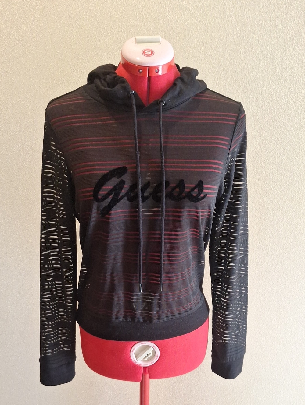 Guess Black See-Through Hoodie with Black Stripes Size XS